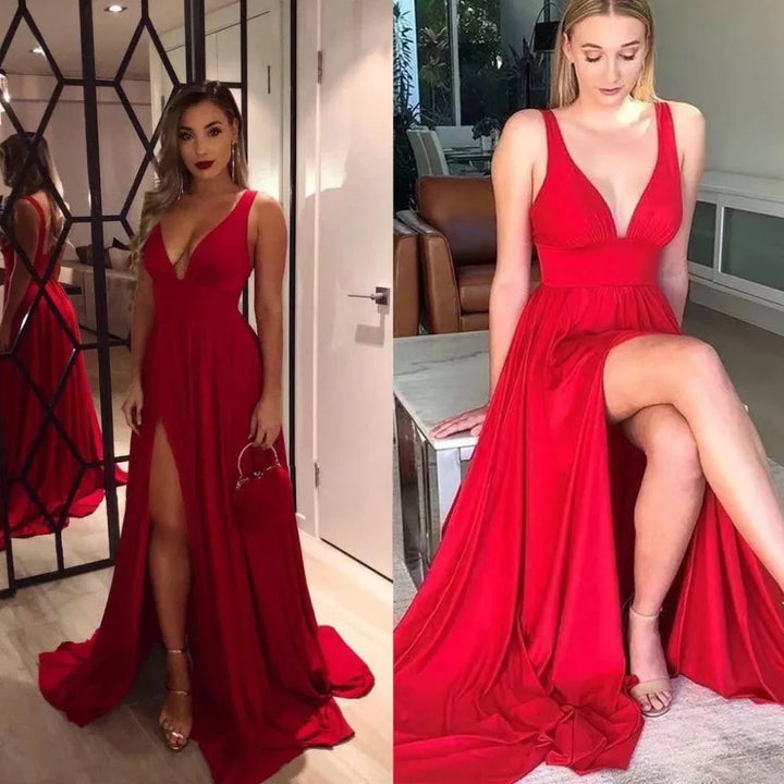 Elegant Maxi Dress with Slit, V-Neck, and Open Back - Noya Lee