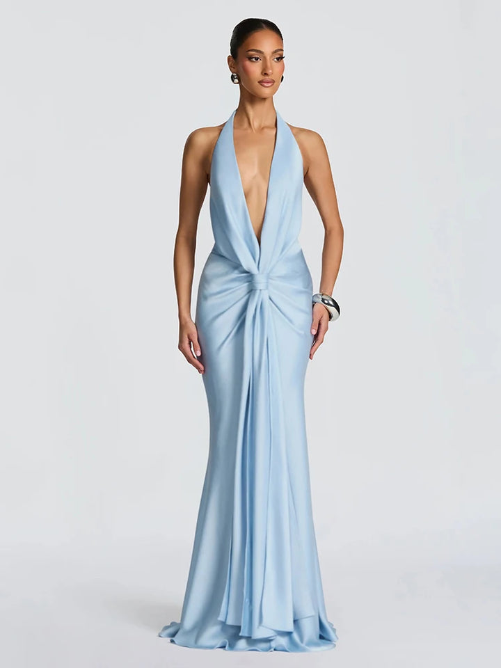 Satin Maxi Dress with V-Neck, Pleats, and Open Back - Shannon