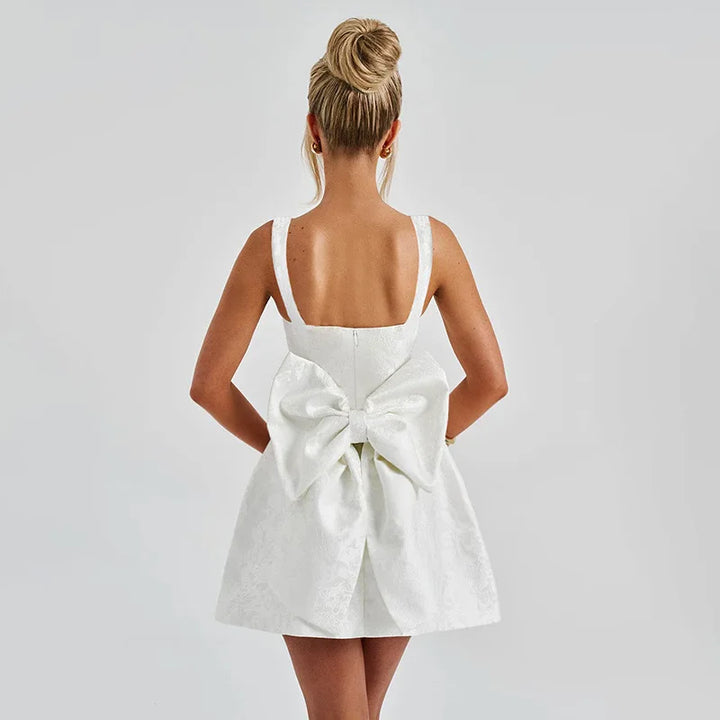 Mini dress with floral illustration print and bow detail on the back - Louisa