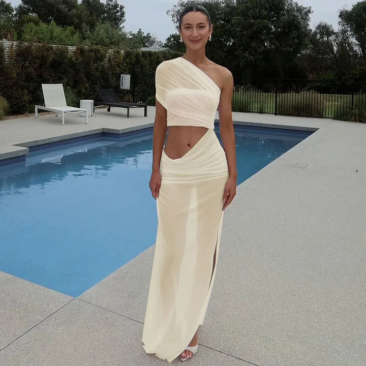 Asymmetric Chiffon Maxi Dress with Slit - Shi Lin