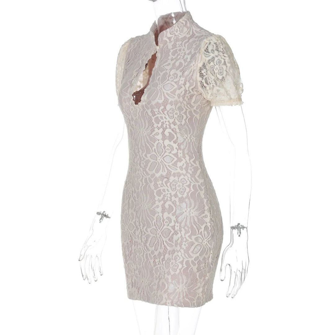 Lace mini dress with turtleneck collar and button decoration - Kimora