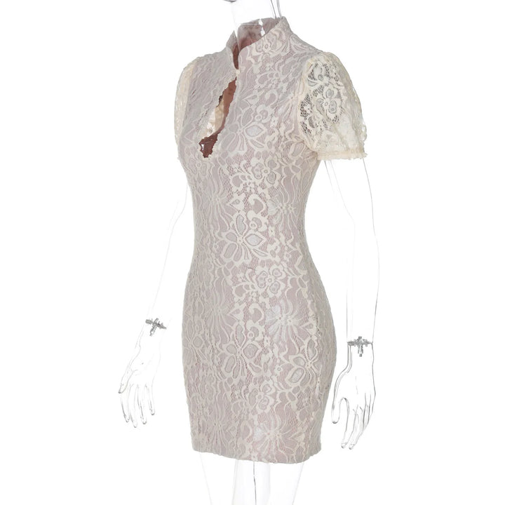 Lace mini dress with turtleneck collar and button decoration - Kimora