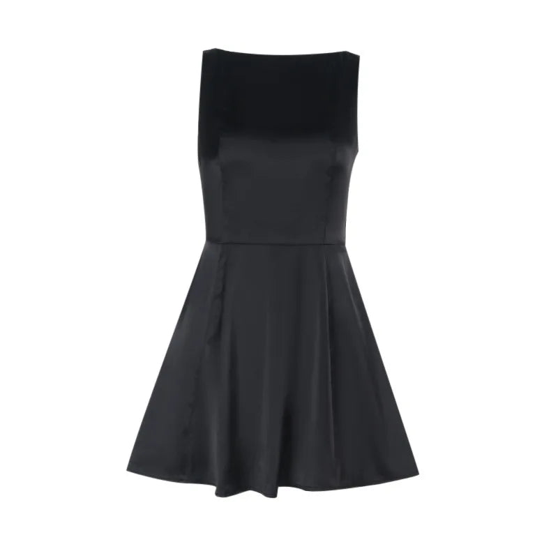 Silk satin mini dress in A-line cut with open back and bow detail - ELLIE