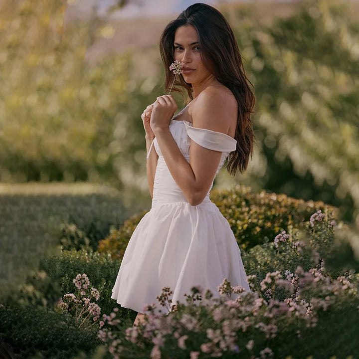 White mini dress in A-line cut with rustic design - AYLIN