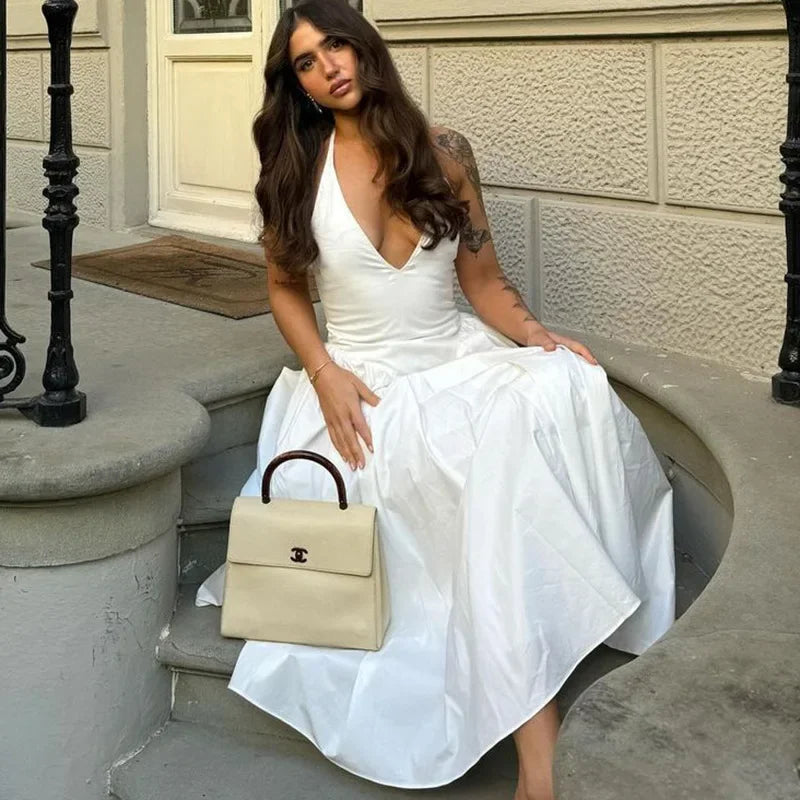 Midi A-line Dress with Neck Tie and Open Back - Makenna