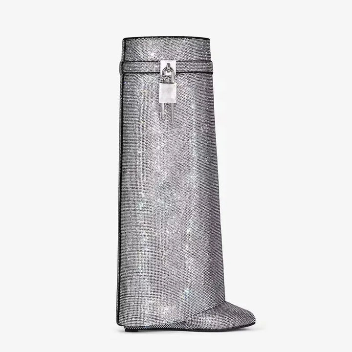 High Heel Boots with Glitter Studs and Lock Detail - Bailey