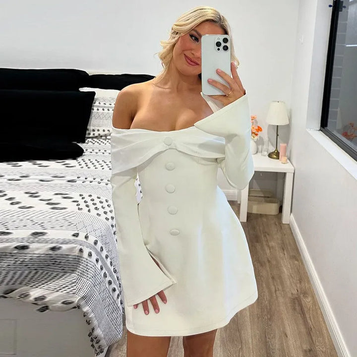 Mini A-line dress with off-shoulder and button decoration - Milian