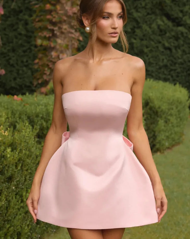 Satin mini dress in A-line cut with tie bow back detail for waist fit - Lilia