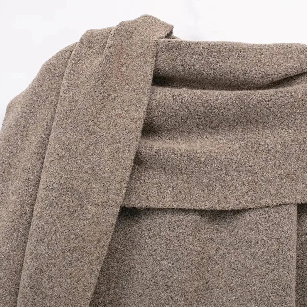 Wool Coat with Scarf Design, Button and Pocket Details - Lorenzo