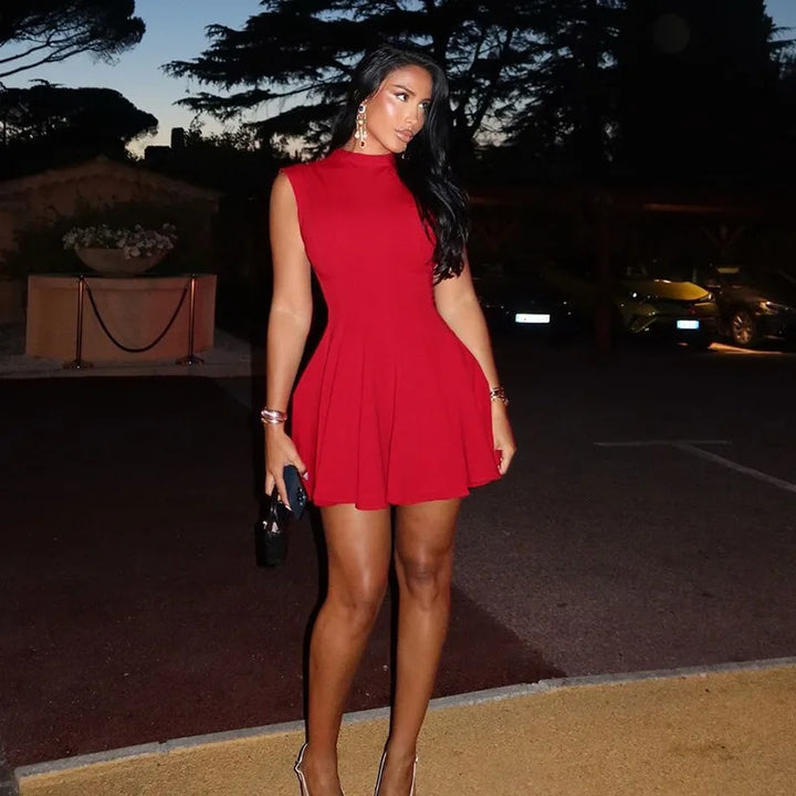 Ruffled Mini Dress with A-Line Cut and Half Turtleneck - Riley