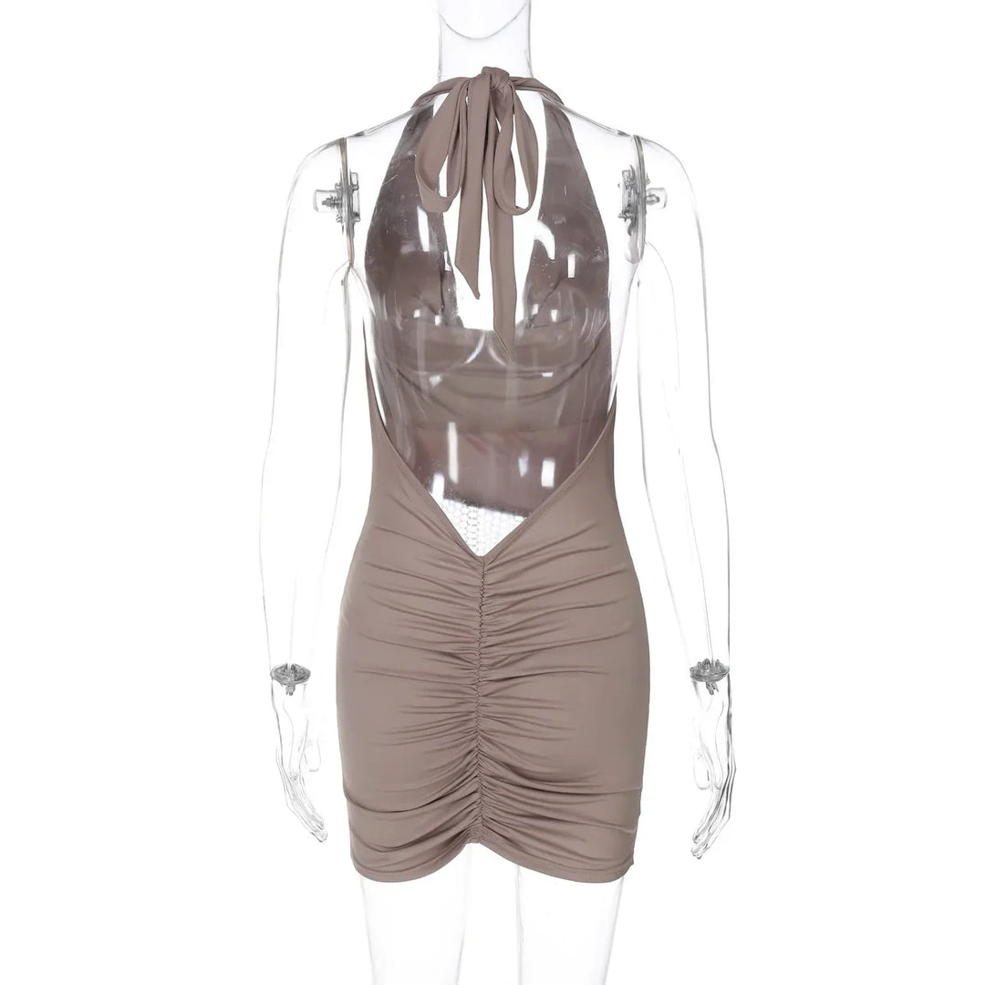 Mini Dress with Dropped Collar, Mesh, Sparkling Sequins, Ruching on Hips, and Neck Tie - Linda