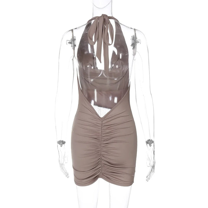 Mini Dress with Dropped Collar, Mesh, Sparkling Sequins, Ruching on Hips, and Neck Tie - Linda