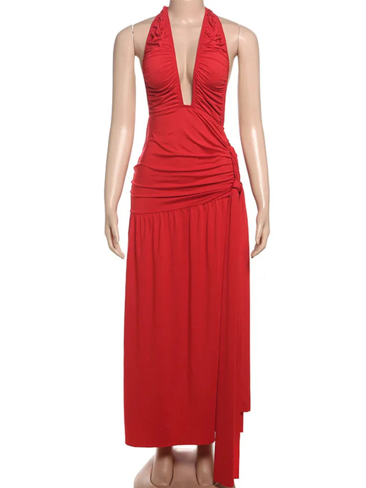 Ruched Maxi Dress with Tie Decoration, Open Back, and Deep V Neckline - Peleg