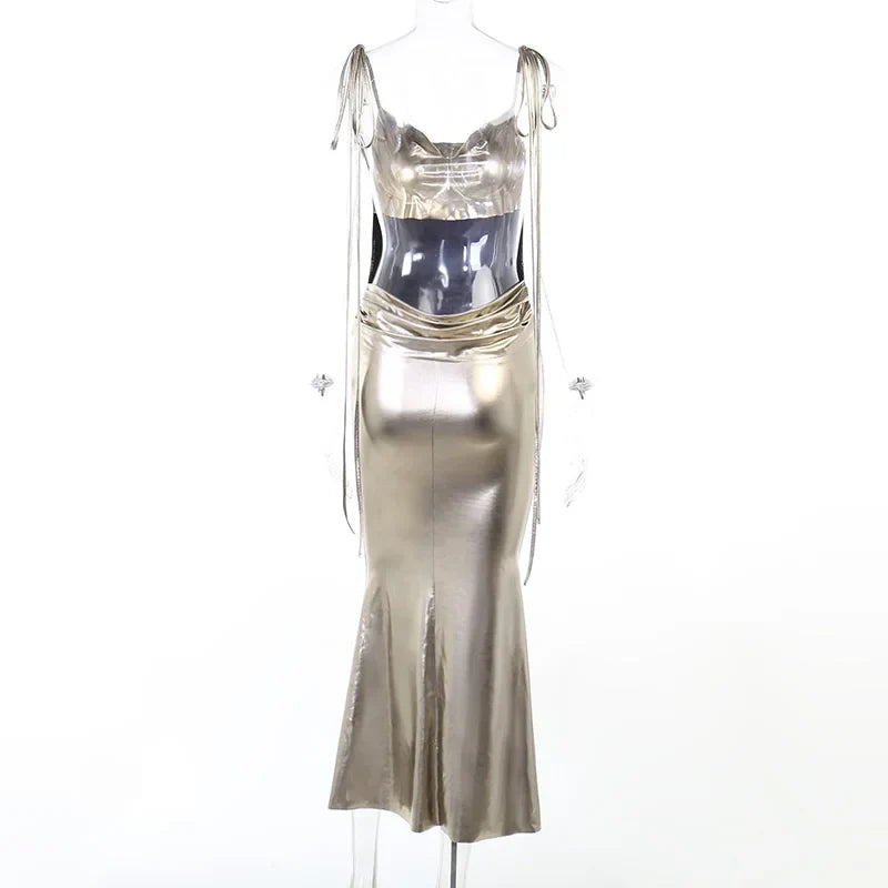 Metallic bronze maxi dress with tie shoulder straps and open back - Nancy
