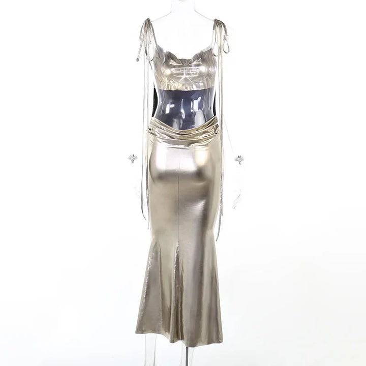 Metallic bronze maxi dress with tie shoulder straps and open back - Nancy