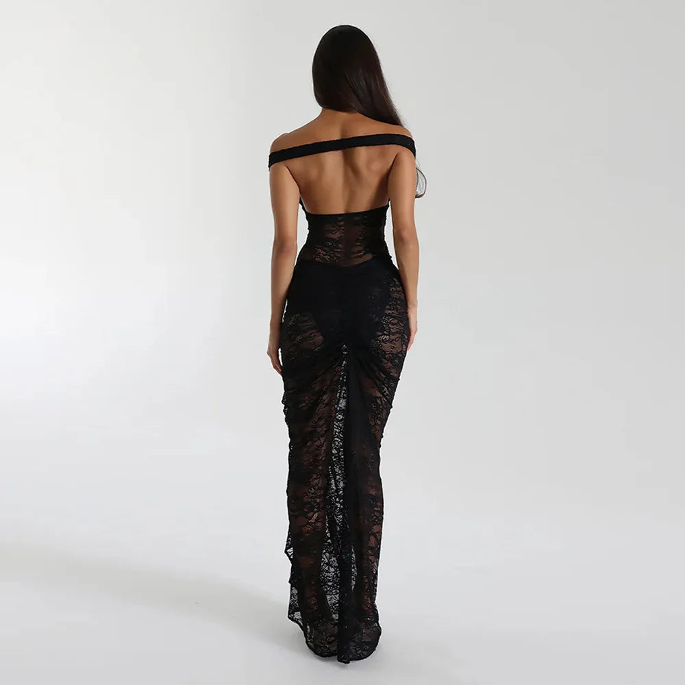 Maxi Lace Dress with Off-Shoulder and Slit Design - Emiliana