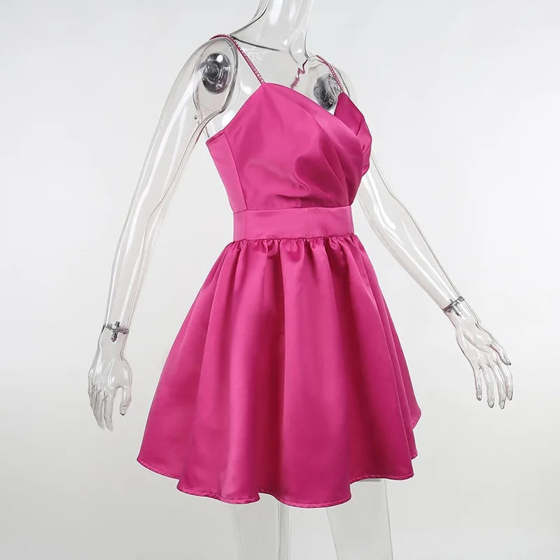 A-Line Satin Mini Dress with Sequin Straps - Miel