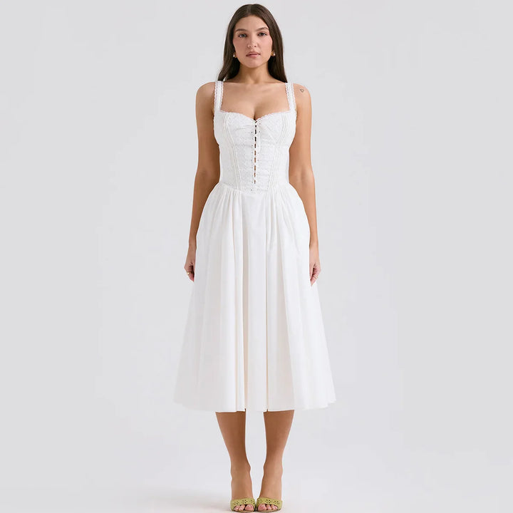 Midi Dress in Country Style with A-Line and Tie Design - SUNRISE