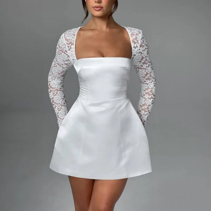Satin Mini Dress with Lace Sleeves - Far