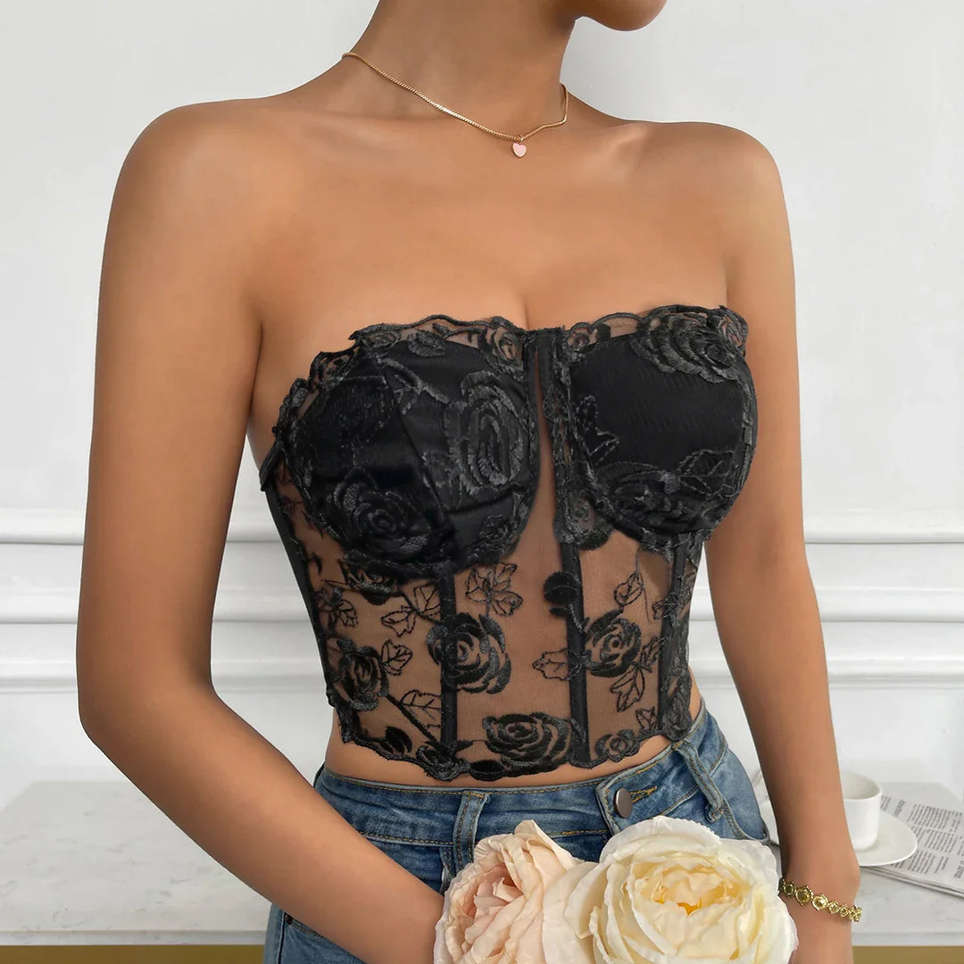 Strapless Mesh Top with Floral Embroidery - Noya Lee