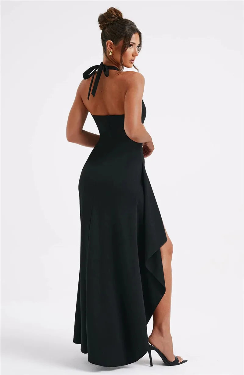 Luxury Maxi Dress with V-Neck, Deep Slit, and Open Back - Alicia