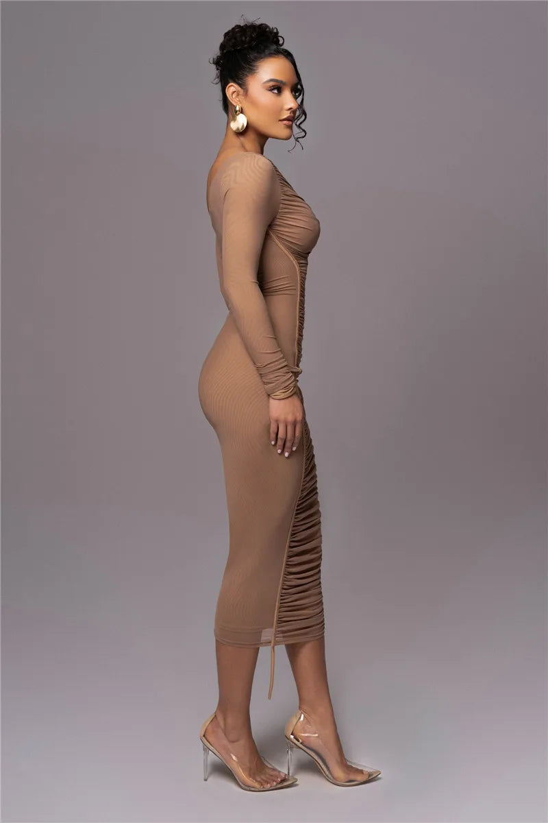 Midi ruched dress with asymmetrical neckline - LOV