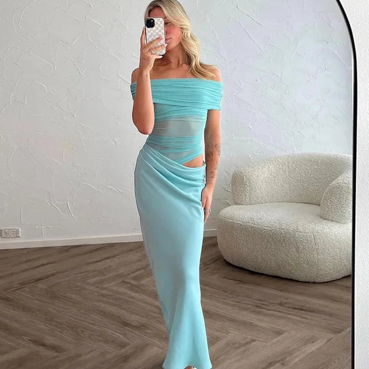 Maxi dress with ruching, mesh design and off-shoulder - Keshet