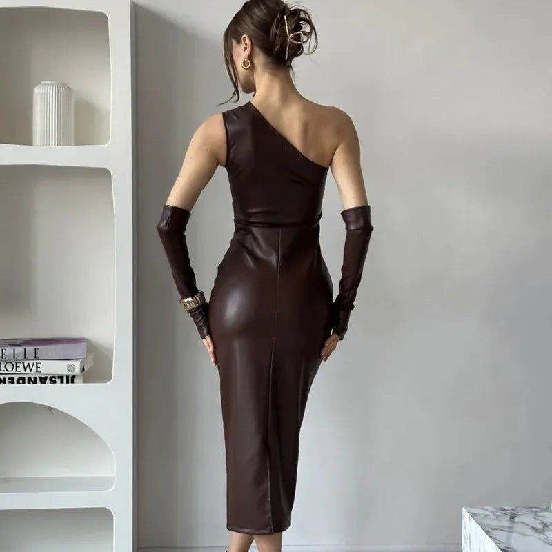 One-Shoulder Faux Leather Maxi Dress with Glove Detail - Thea