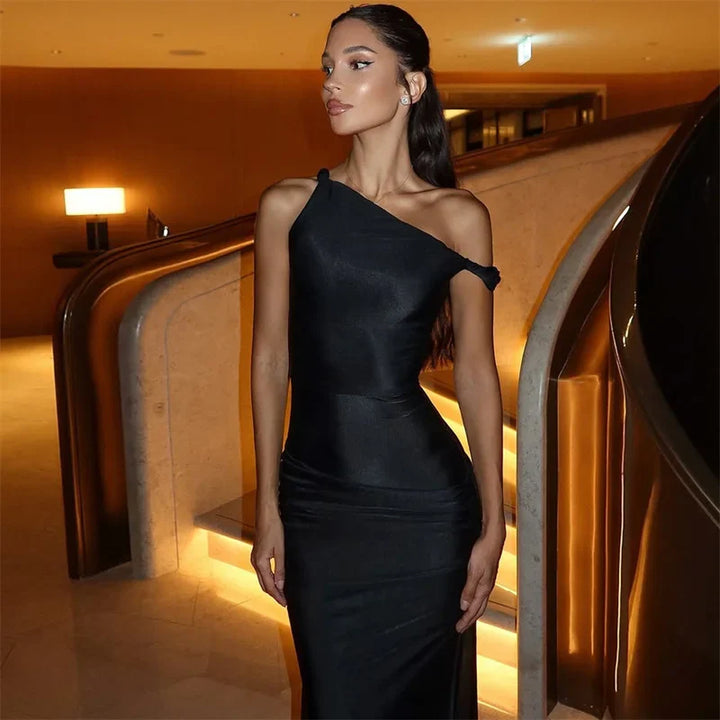 Maxi dress in shiny fabric with off-shoulder design - MORIN