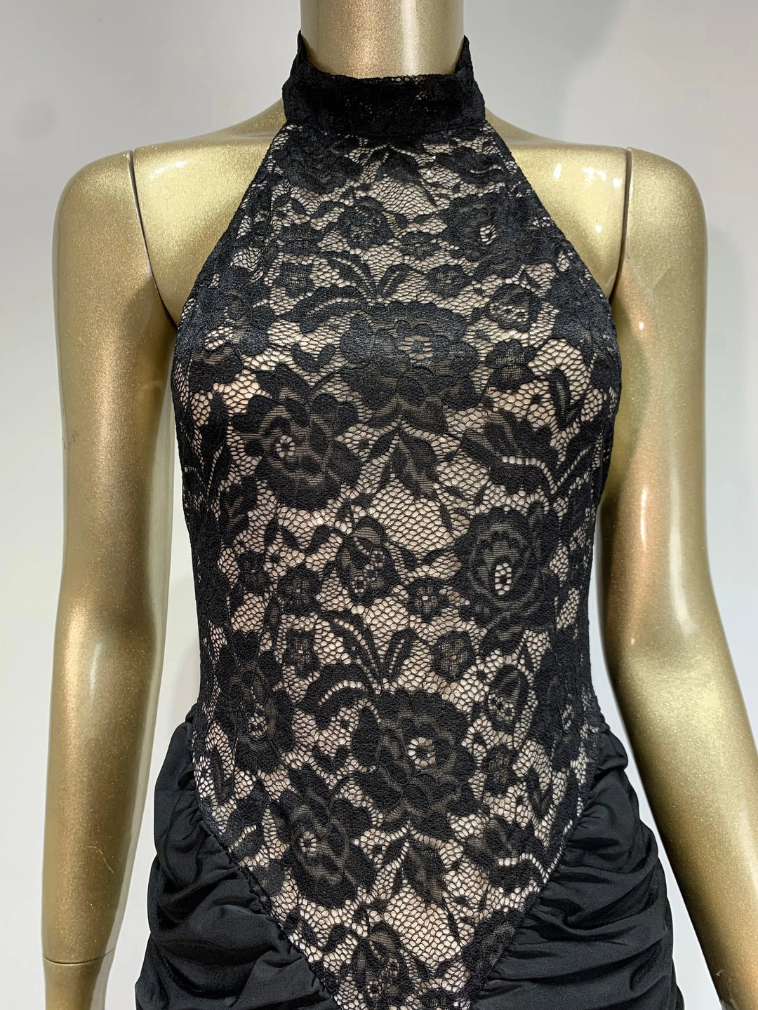 Maxi Dress with Ruching, Collar Cut, Opaque Lace Design, and Open Back - Elliana