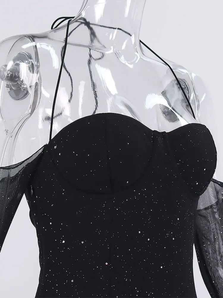 Sequin Mini Dress with Off-Shoulder and Mesh Sleeves - Barbara