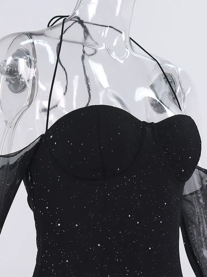 Sequin Mini Dress with Off-Shoulder and Mesh Sleeves - Barbara