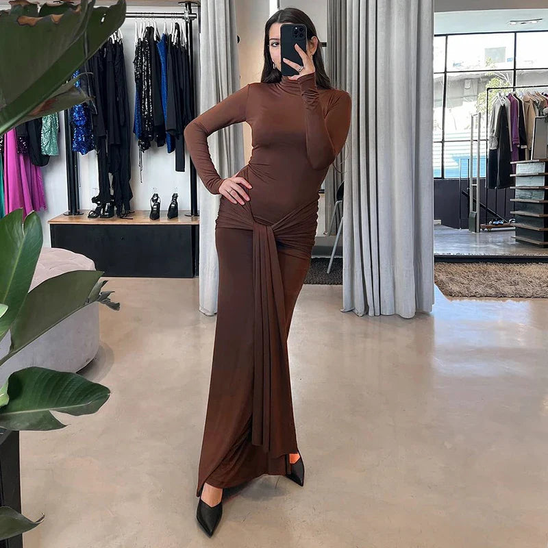 Maxi Dress with Turtleneck Collar, Gathered Design, and Tie - Margarita