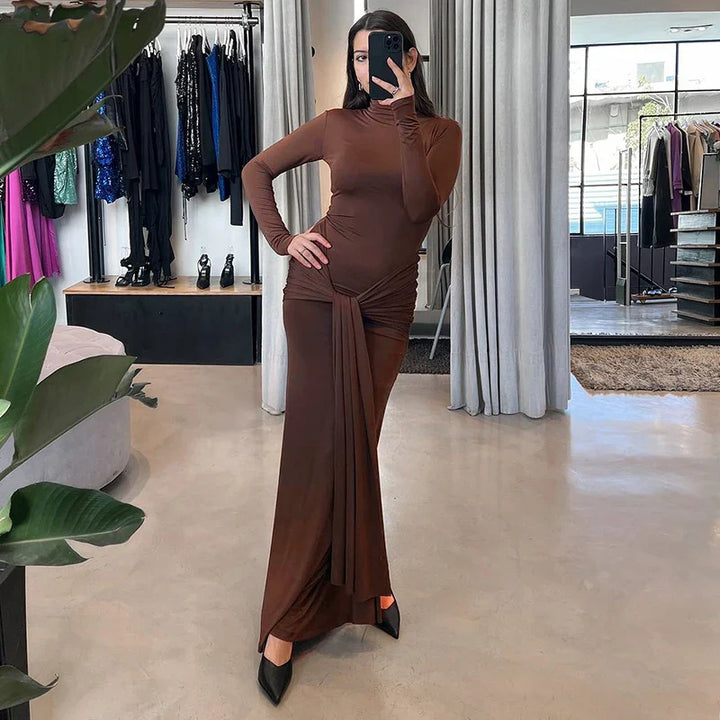 Maxi Dress with Turtleneck Collar, Gathered Design, and Tie - Margarita