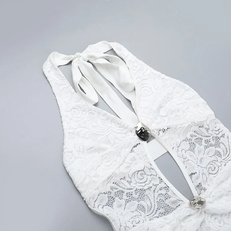 Long lace jumpsuit with open back and buckle details - Brighton