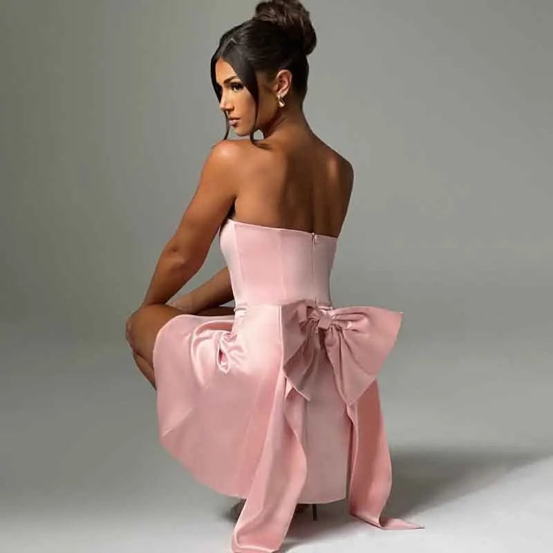 Strapless Satin Mini Dress with A-Line and Asymmetric Bow Detail - Roselyn