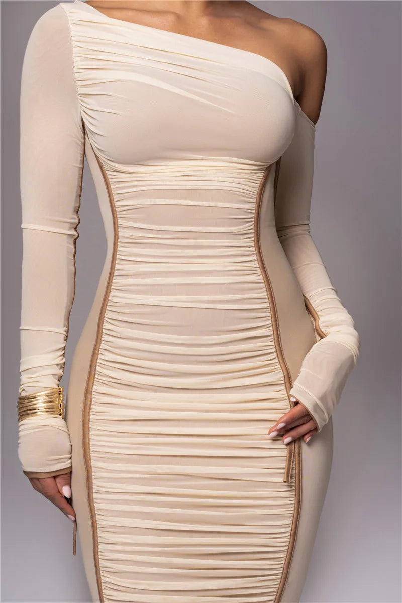 Midi ruched dress with asymmetrical neckline - LOV