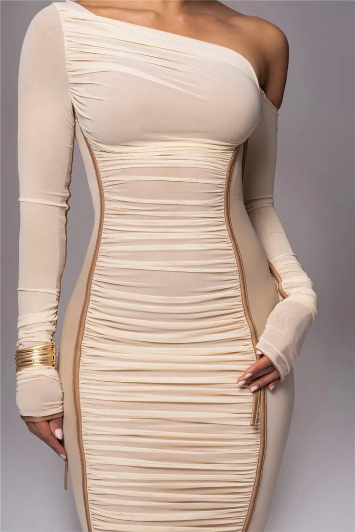 Midi ruched dress with asymmetrical neckline - LOV