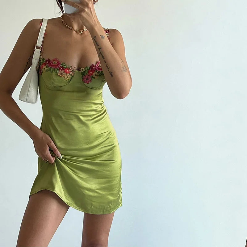 Satin Mini Dress with Floral Decoration - Sarin