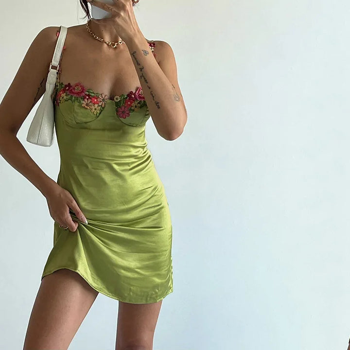 Satin Mini Dress with Floral Decoration - Sarin