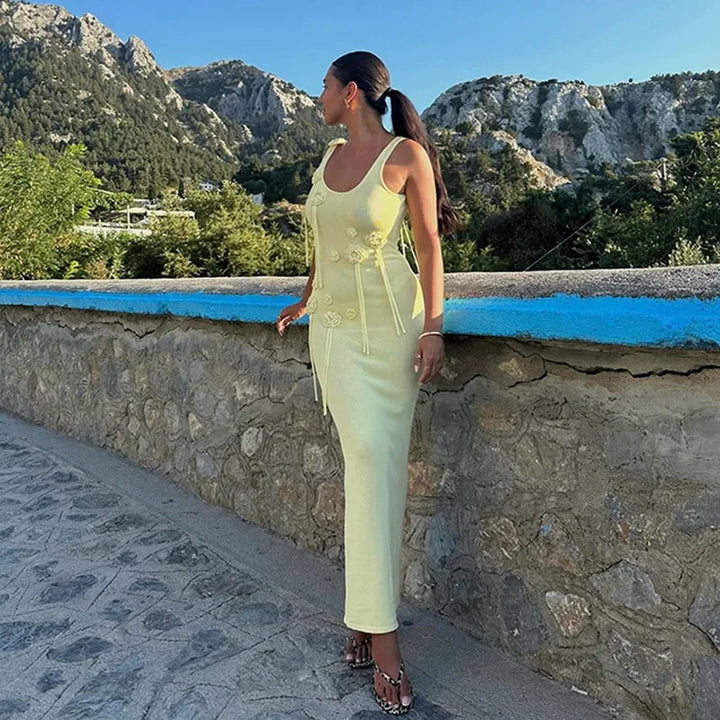 Knitted Beach Maxi Dress with Flower Appliqué Detail - Holly