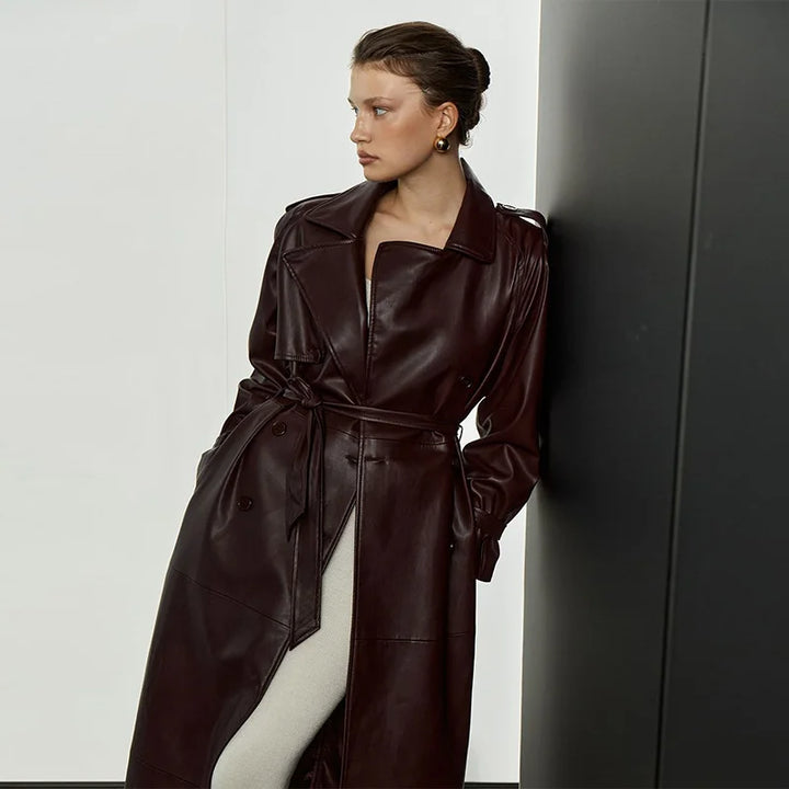 Long Leather Coat with Button Details and Tie Belt - LARA