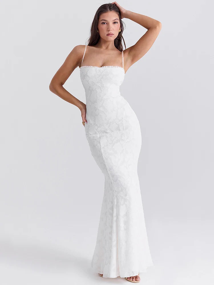 Chiffon Maxi Dress with Leaf Embroidery and Back Tie Design - BLANCA
