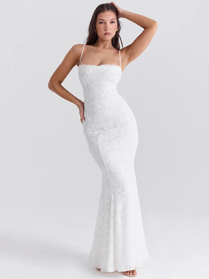 Chiffon Maxi Dress with Leaf Embroidery and Back Tie Design - BLANCA