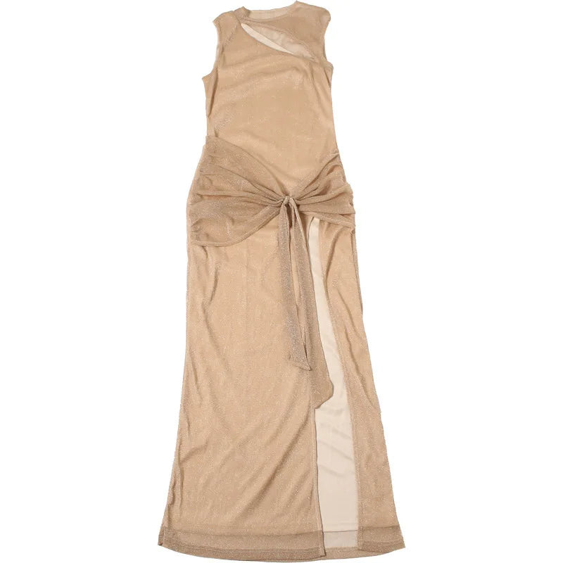 Maxi Mesh Sequin Dress with Ruching and Tie Detail with Slit - August