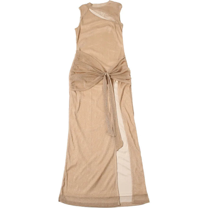Maxi Mesh Sequin Dress with Ruching and Tie Detail with Slit - August
