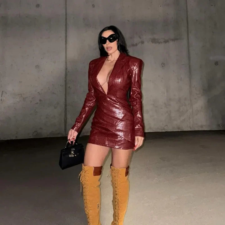 Faux Leather Mini Dress with Studded Design - Genevieve