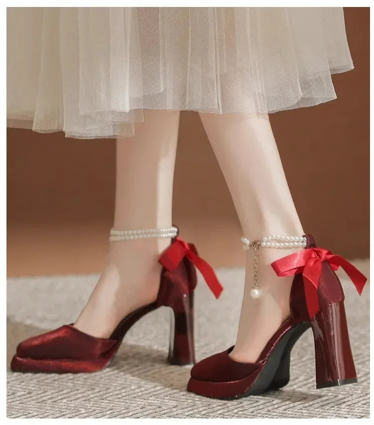 Velvet High Heels with Pearl and Bow Decoration - Vita