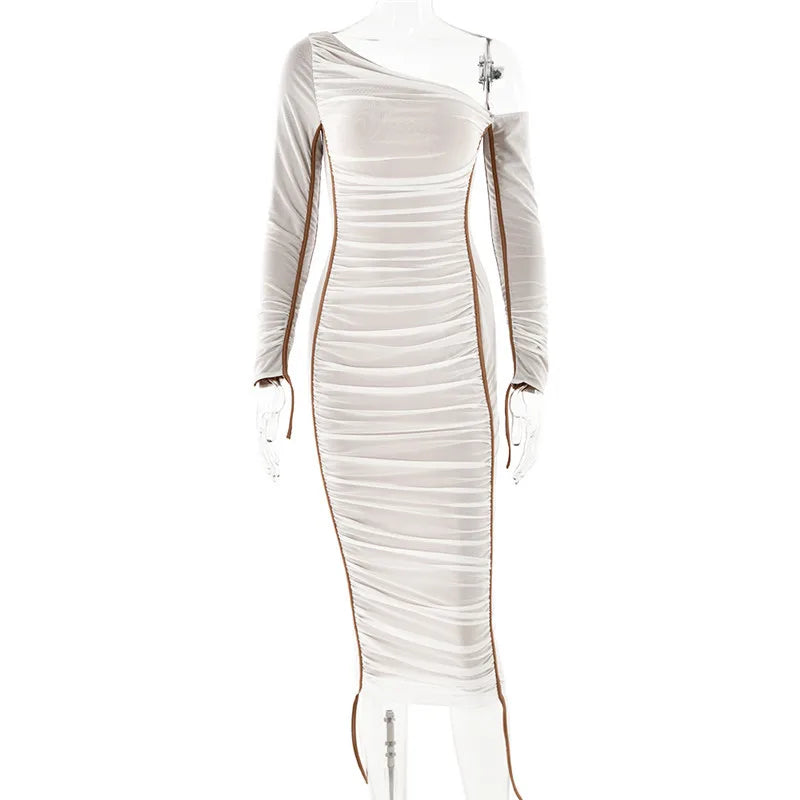 Midi ruched dress with asymmetrical neckline - LOV
