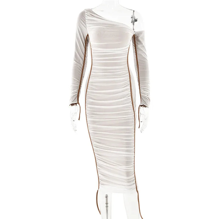 Midi ruched dress with asymmetrical neckline - LOV